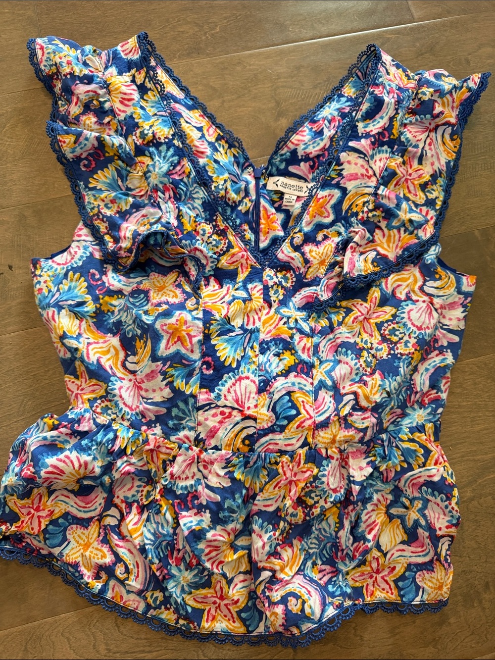 Nanette Lepore Blue Floral Ruffle Shirt